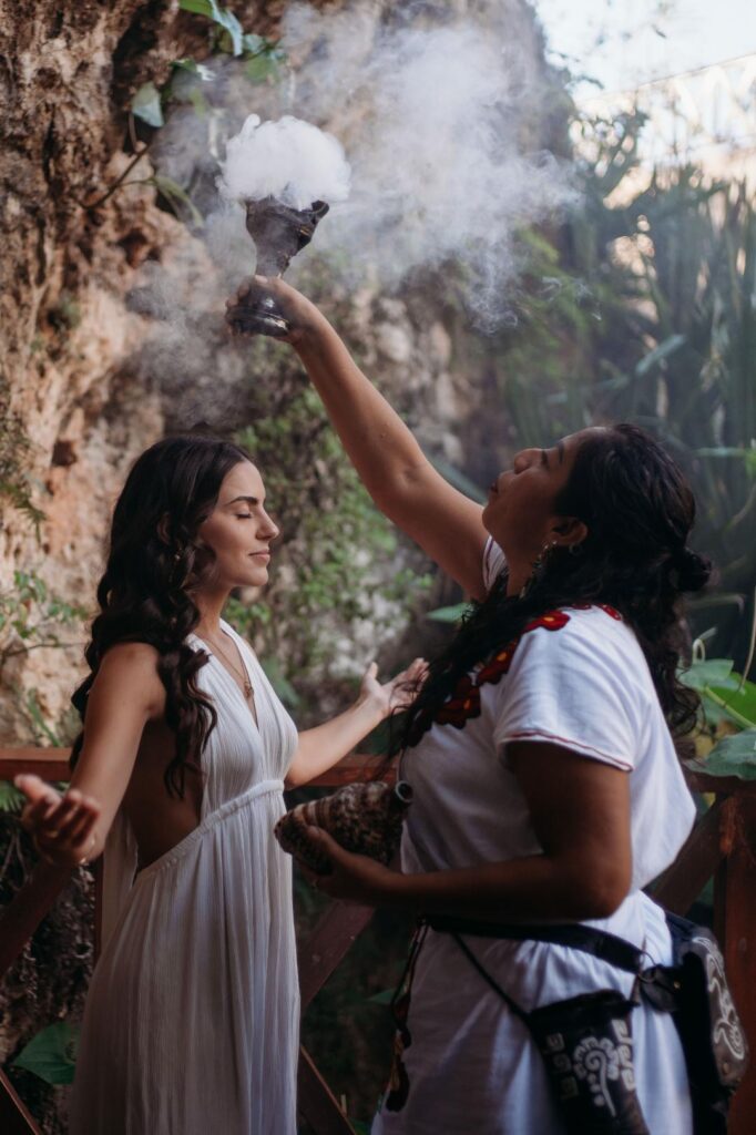 Close-up of ceremonial offerings used in a sacred Mayan wedding ritual inside a cenote