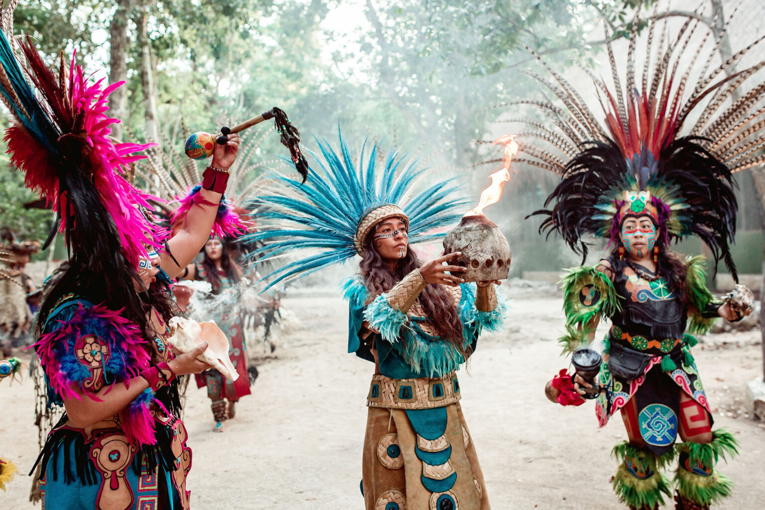 Prehispanic dancers performing with fire