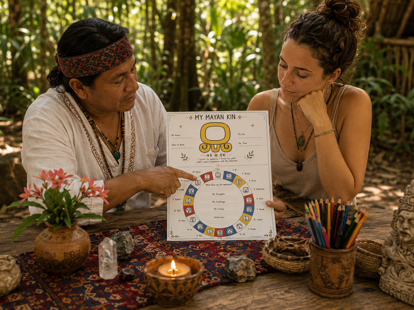 A Mayan calendar reader pointing at a Mayan Kin worksheet while a woman listens, on a table with flowers and candles