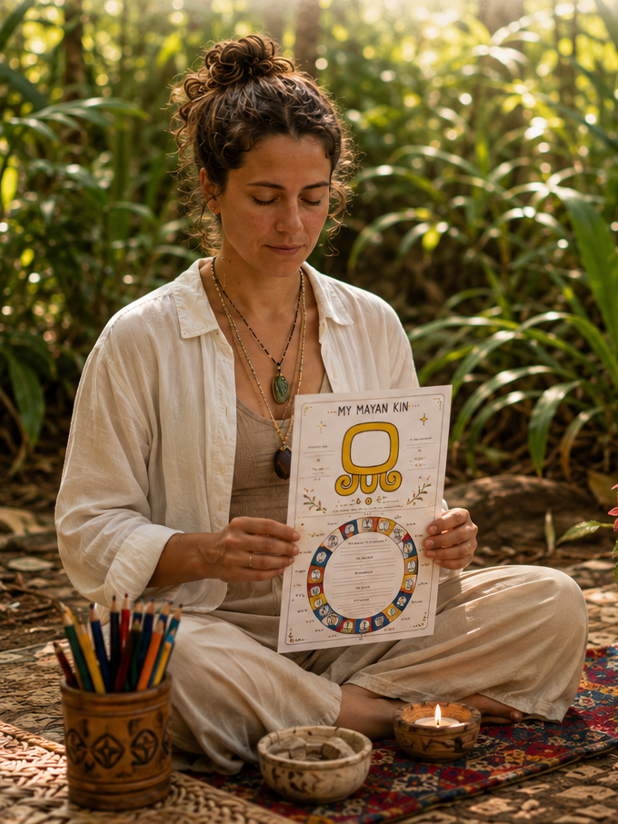 A woman sitting cross-legged in the garden, holding her colored Mayan Kin worksheet